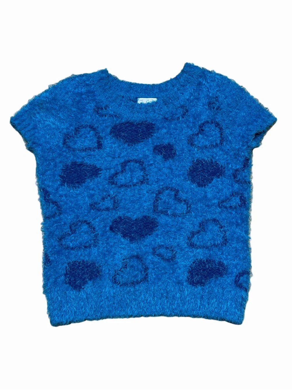 Justice Girls Blue Fuzzy Eyelash Knit Leopard Spot Short Sleeve Sweater Size 8